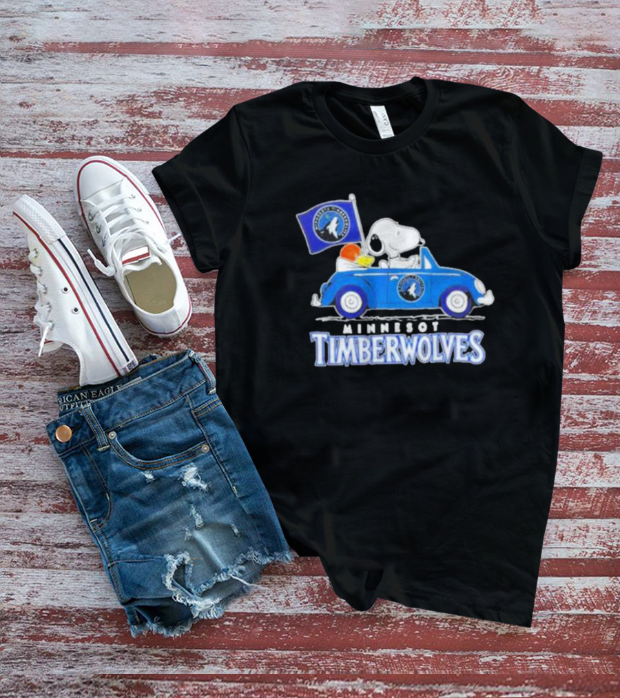 Minnesota Timberwolves Snoopy Dog Driving Blue Car Holding Basketball Flag T-Shirt