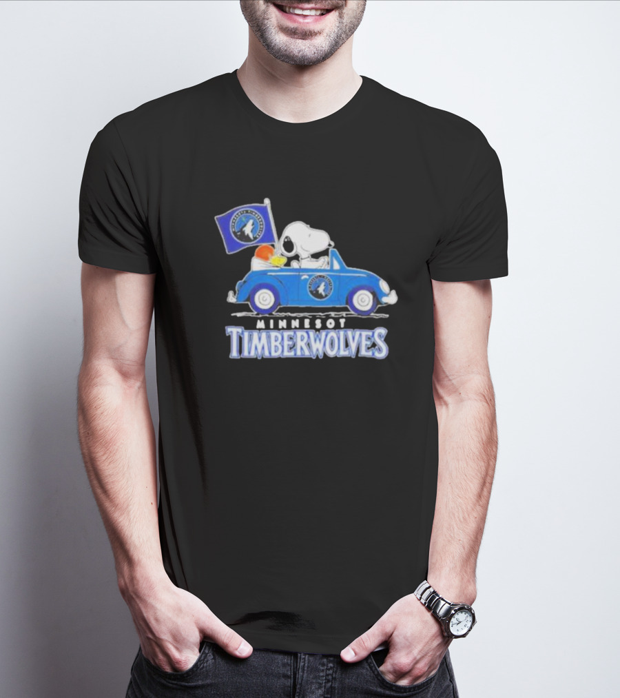 Minnesota Timberwolves Snoopy Dog Driving Blue Car Holding Basketball Flag T-Shirt