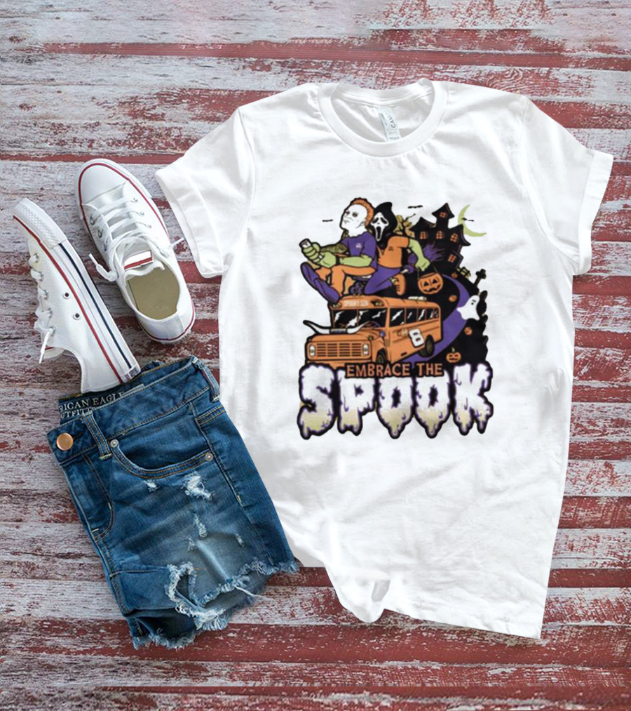 Embrace The Spook Bus With Horror Characters And Haunted House T-Shirt