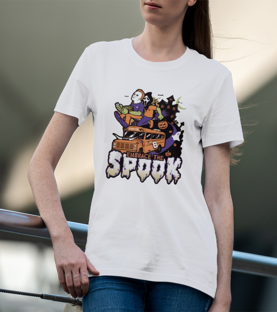 Embrace The Spook Bus With Horror Characters And Haunted House T-Shirt