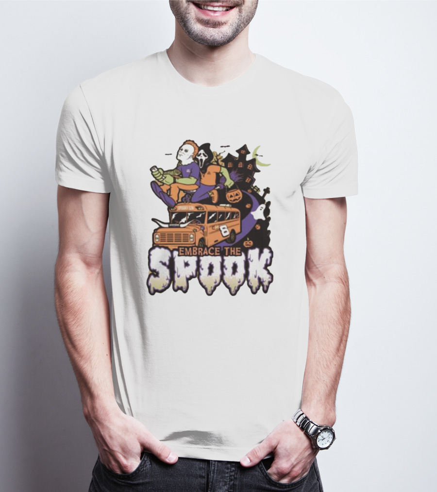 Embrace The Spook Bus With Horror Characters And Haunted House T-Shirt