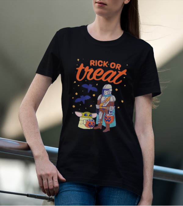 Rick Or Treat The Mandalorian And Grogu Halloween Pumpkin Buckets With Bats And Stars T-Shirt