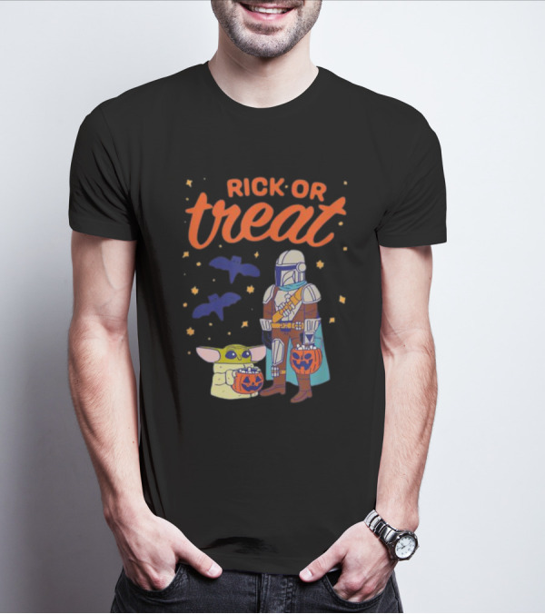 Rick Or Treat The Mandalorian And Grogu Halloween Pumpkin Buckets With Bats And Stars T-Shirt