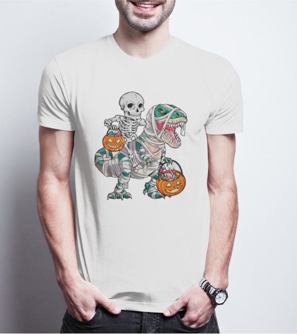 Spooky Saurus Rex Skeleton With Halloween Pumpkin Duo T-Shirt
