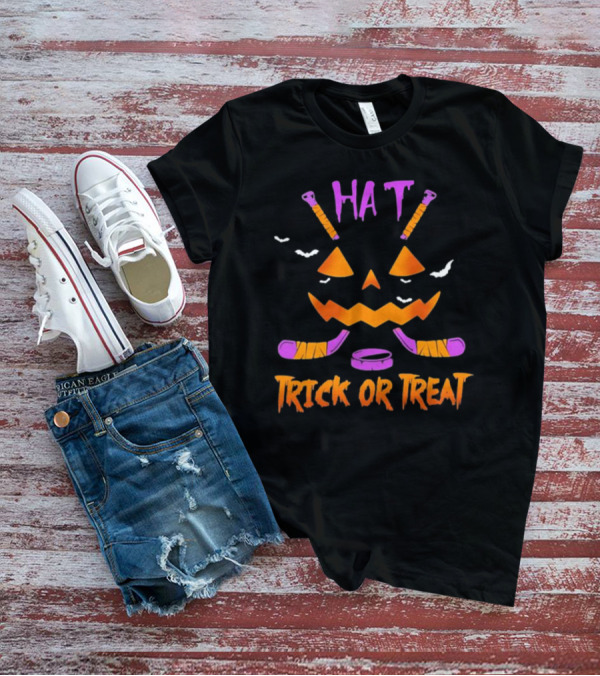 Hockey Hat Trick Or Treat Halloween Pumpkin With Hockey Sticks T-Shirt