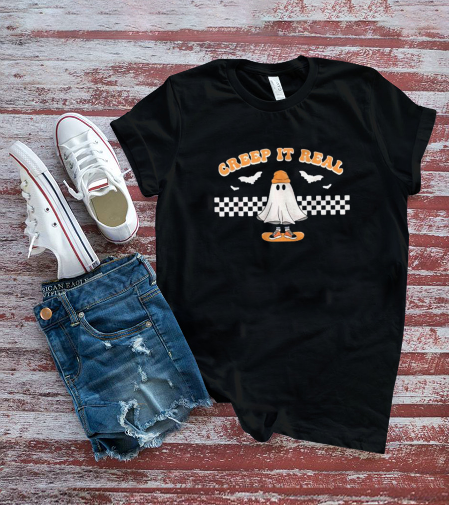 Creep It Real Ghost Skater Halloween Checkerboard Bats T-Shirt