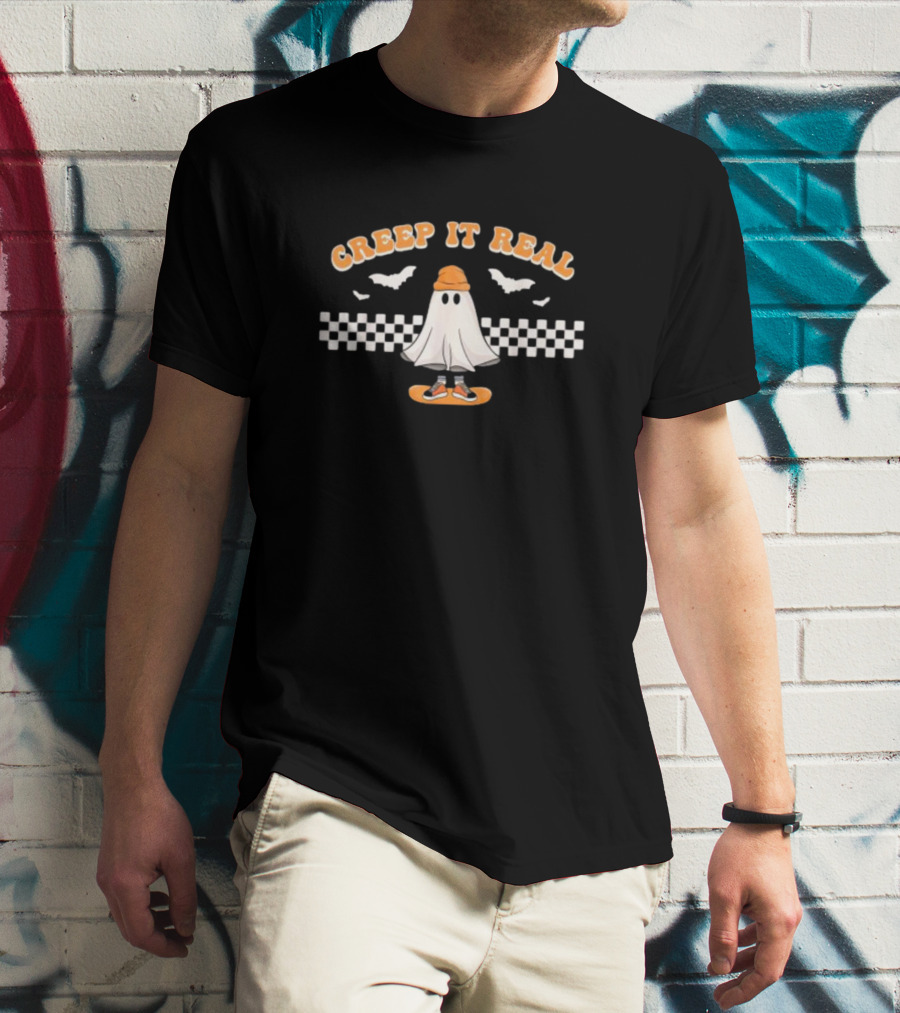 Creep It Real Ghost Skater Halloween Checkerboard Bats T-Shirt