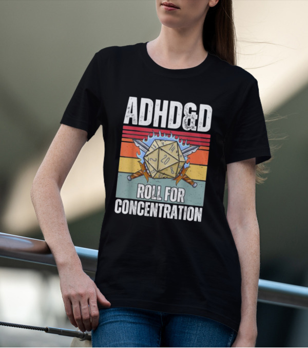 ADHD&D Roll For Concentration Retro Dice Sword Gamer T-Shirt