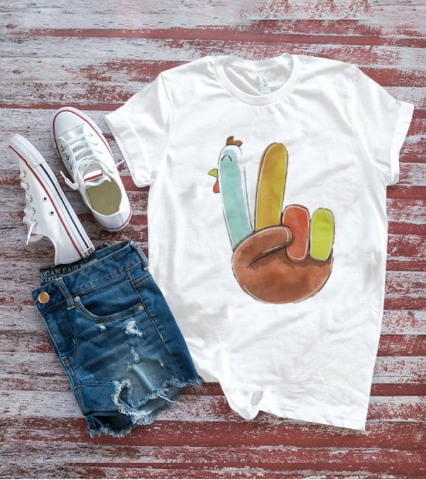 Thanksgiving Hand Gesture Cute Turkey Peace Sign Holiday Fun T-Shirt