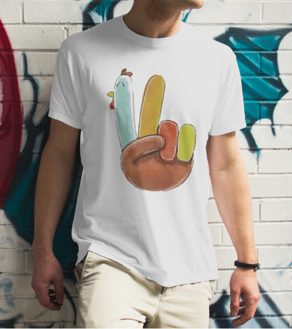Thanksgiving Hand Gesture Cute Turkey Peace Sign Holiday Fun T-Shirt
