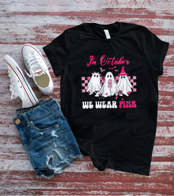 In October We Wear Pink Breast Cancer Ghost Halloween Groovy T-Shirt