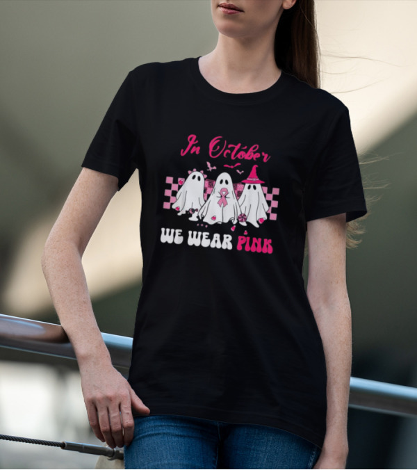 In October We Wear Pink Breast Cancer Ghost Halloween Groovy T-Shirt