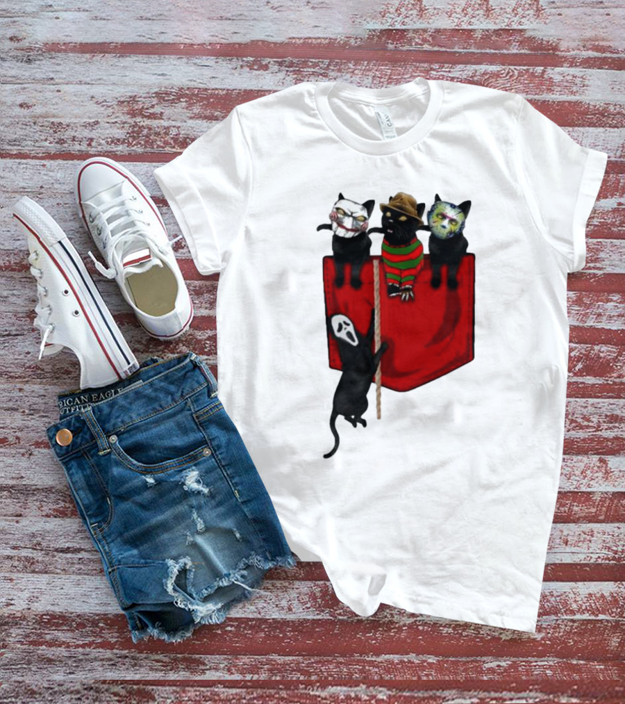 Cat Cosplay Horror Movie Characters Trick Or Treat Freddy Krueger Jason Voorhees Scream Happy Halloween T-Shirt