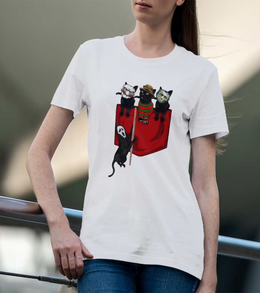 Cat Cosplay Horror Movie Characters Trick Or Treat Freddy Krueger Jason Voorhees Scream Happy Halloween T-Shirt