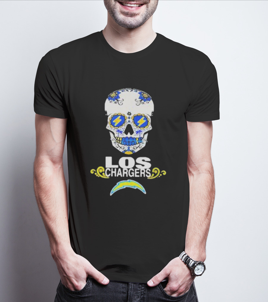 Los Angeles Chargers Sugar Skull Blue Yellow Lightning T-Shirt