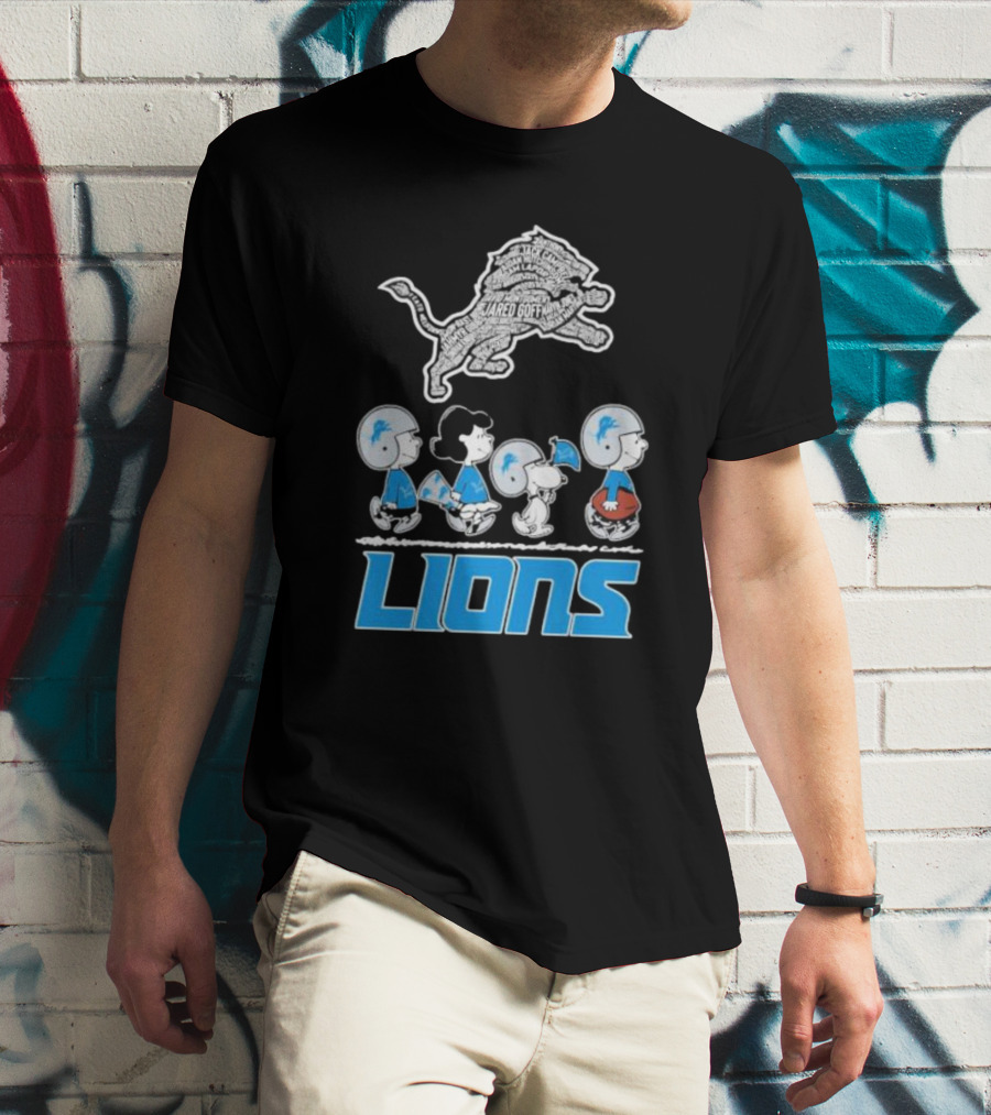 Peanuts Characters Walking Detroit Lions Jared Goff T-Shirt