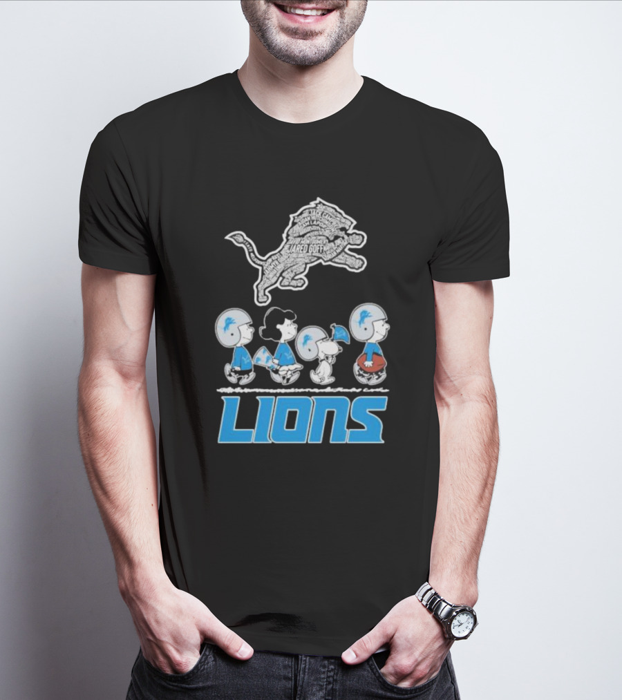 Peanuts Characters Walking Detroit Lions Jared Goff T-Shirt