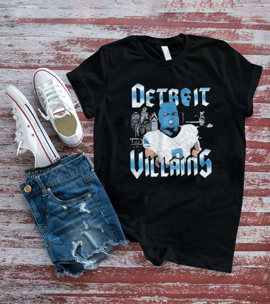 Detroit Villains Football Blue Masked Player Featuring City Skyline T-Shirt