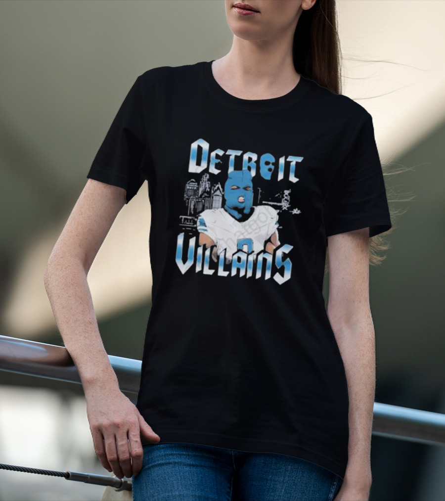 Detroit Villains Football Blue Masked Player Featuring City Skyline T-Shirt