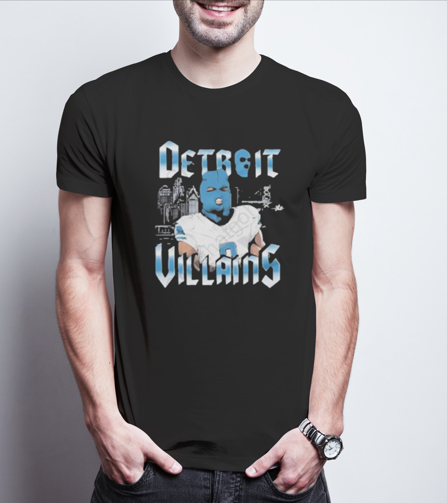 Detroit Villains Football Blue Masked Player Featuring City Skyline T-Shirt