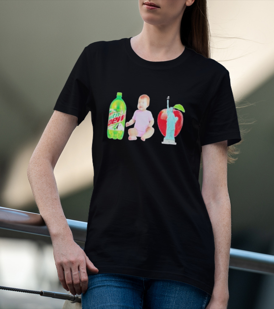 Velvetropic Mountain Dew Baby Apple Statue Of Liberty T-Shirt