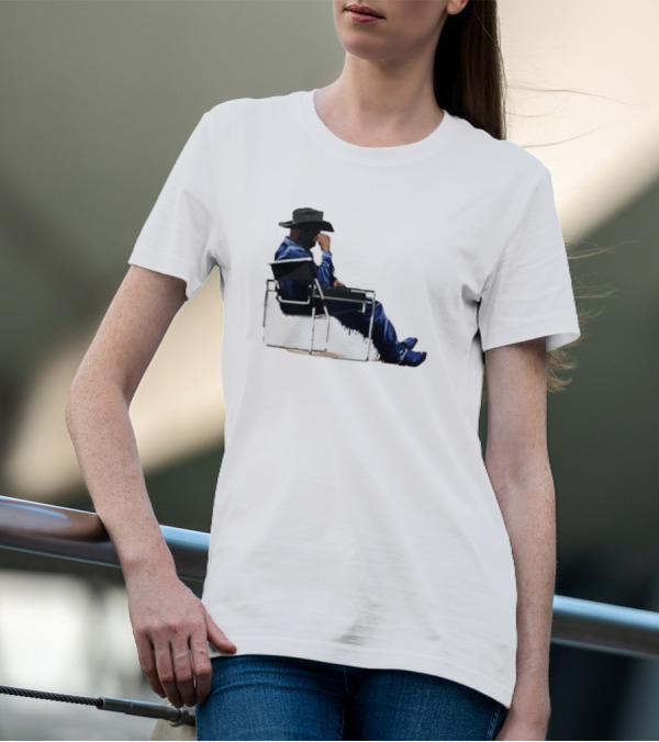 Bad Bunny Sitting Cowboy Chair Black Hat Blue T-Shirt