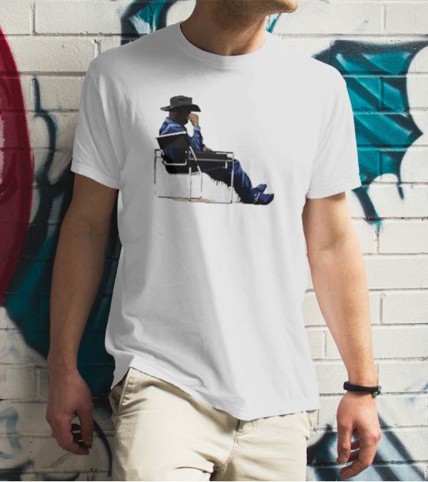 Bad Bunny Sitting Cowboy Chair Black Hat Blue T-Shirt