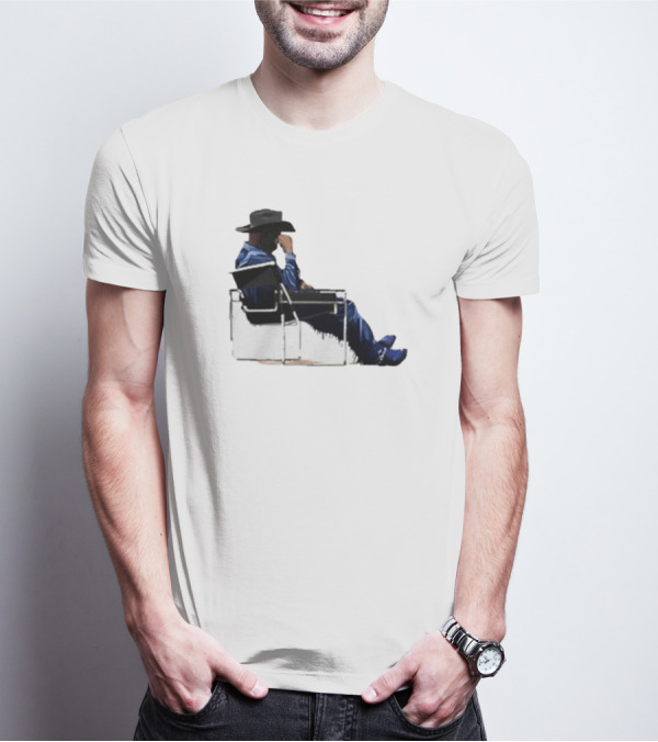 Bad Bunny Sitting Cowboy Chair Black Hat Blue T-Shirt