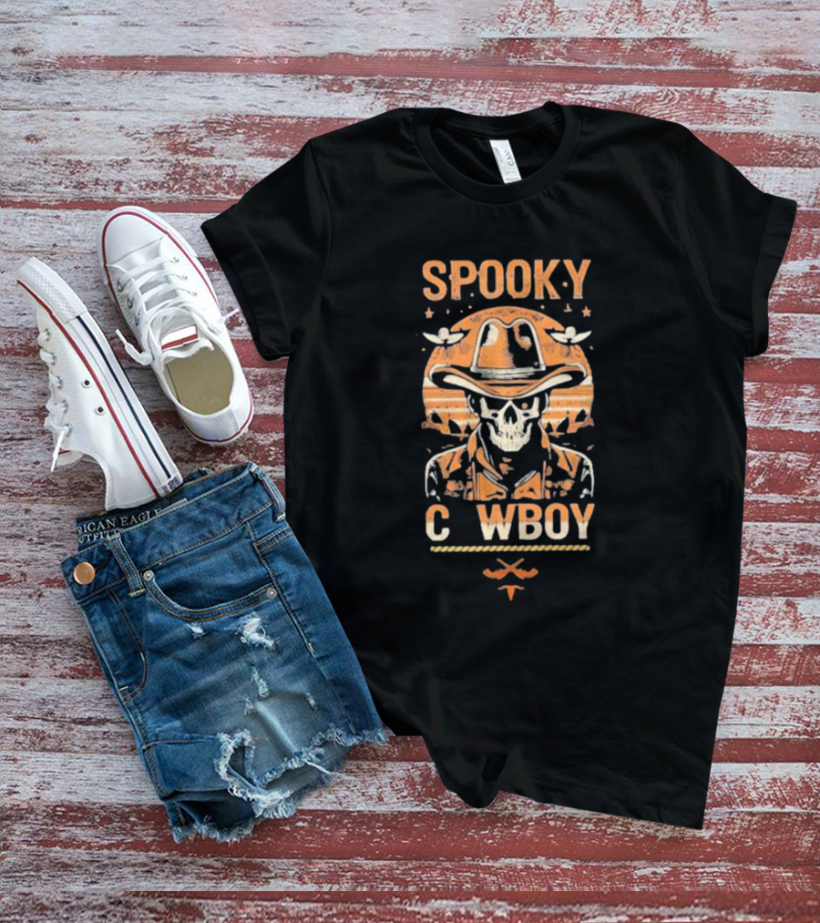 Spooky Cowboy Skeleton Skull In Hat With Sunset Trick Or Treat Halloween T-Shirt
