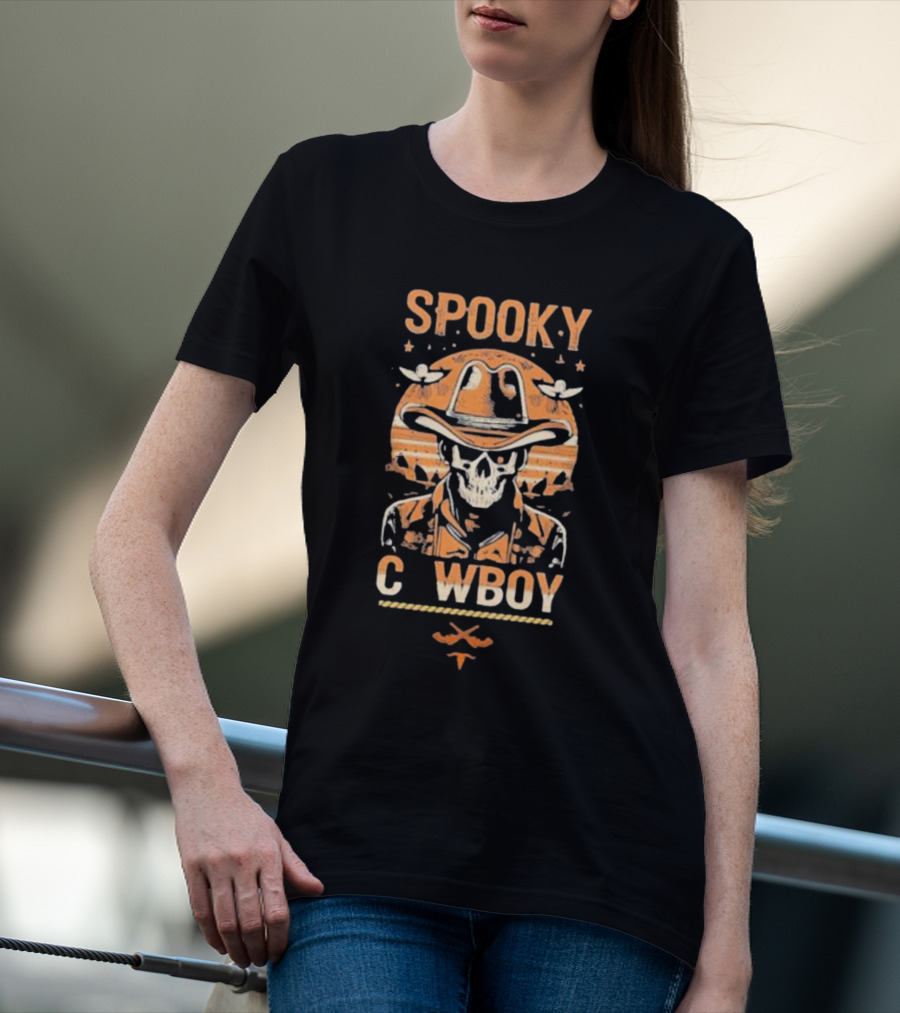Spooky Cowboy Skeleton Skull In Hat With Sunset Trick Or Treat Halloween T-Shirt