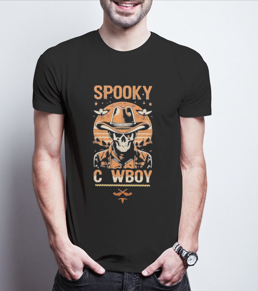 Spooky Cowboy Skeleton Skull In Hat With Sunset Trick Or Treat Halloween T-Shirt