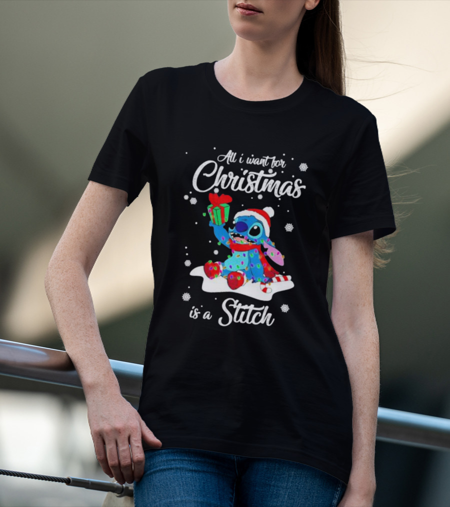 All I Want For Christmas Is A Stitch With Present And Snowflakes T-Shirt
