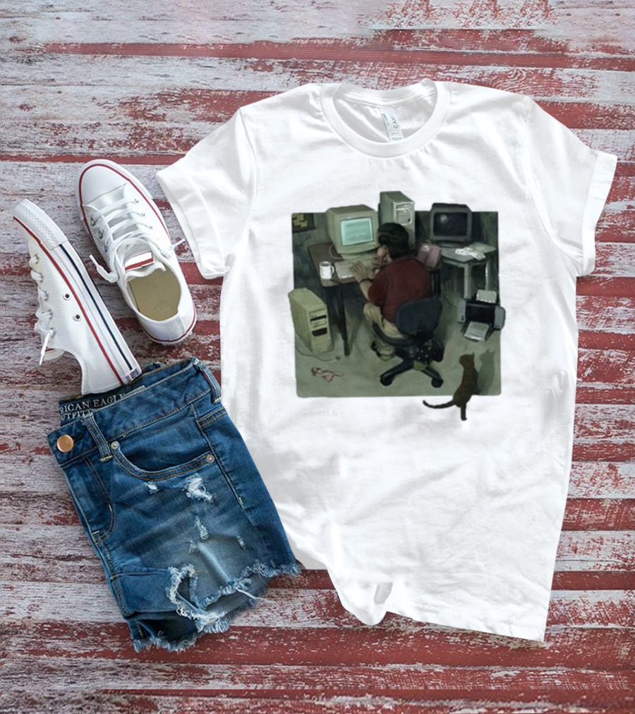 Ollie Jones Freelancer At Computer With Cat In Home Office Scene T-Shirt
