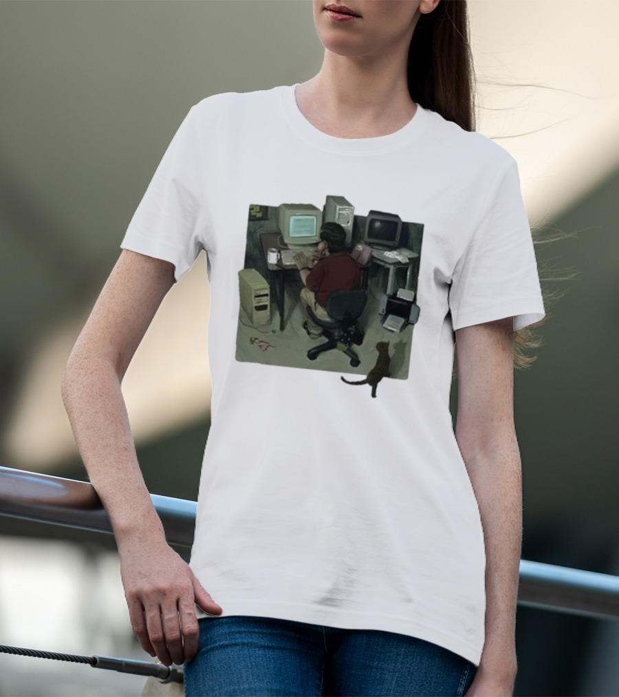 Ollie Jones Freelancer At Computer With Cat In Home Office Scene T-Shirt
