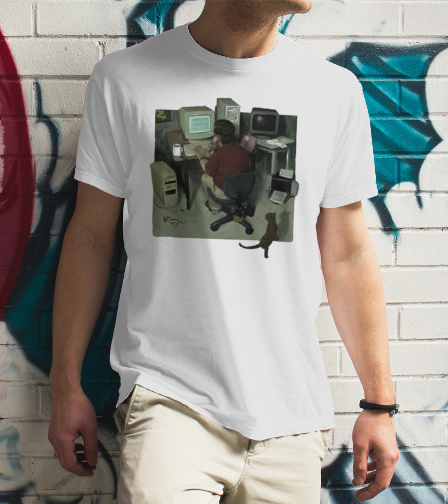 Ollie Jones Freelancer At Computer With Cat In Home Office Scene T-Shirt