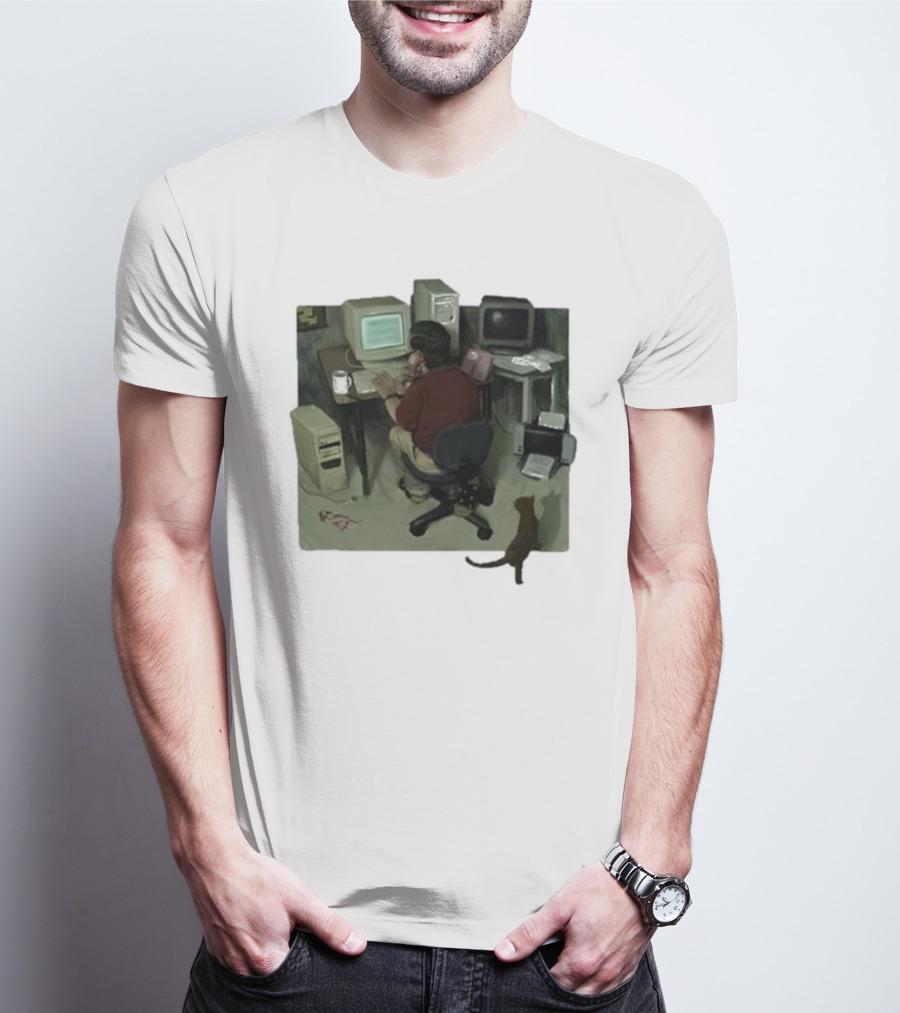 Ollie Jones Freelancer At Computer With Cat In Home Office Scene T-Shirt