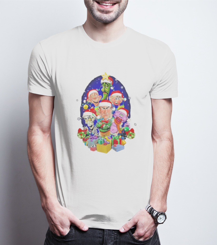 Jeff Dunham Christmas Characters With Santa Hats And Gifts Snow Merry Christmas T-Shirt