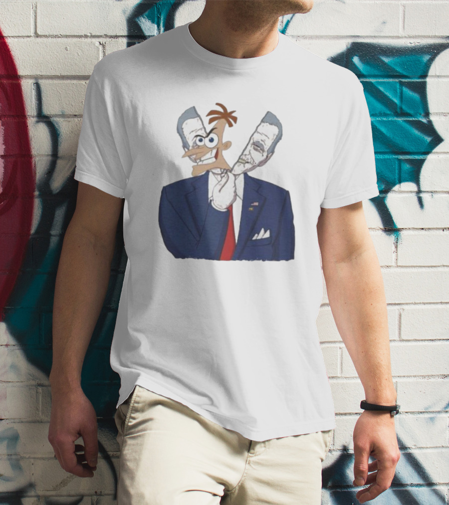 Joe Biden Dr. Doofenshmirtz Mask Illusion Suit Red Tie American Flag T-Shirt