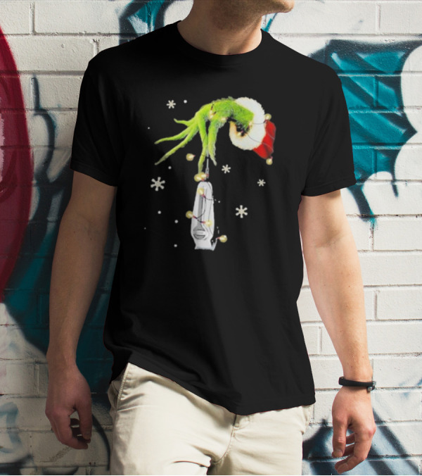 Grinch Christmas Hand Holding Clipper Snowflakes Santa Hat T-Shirt