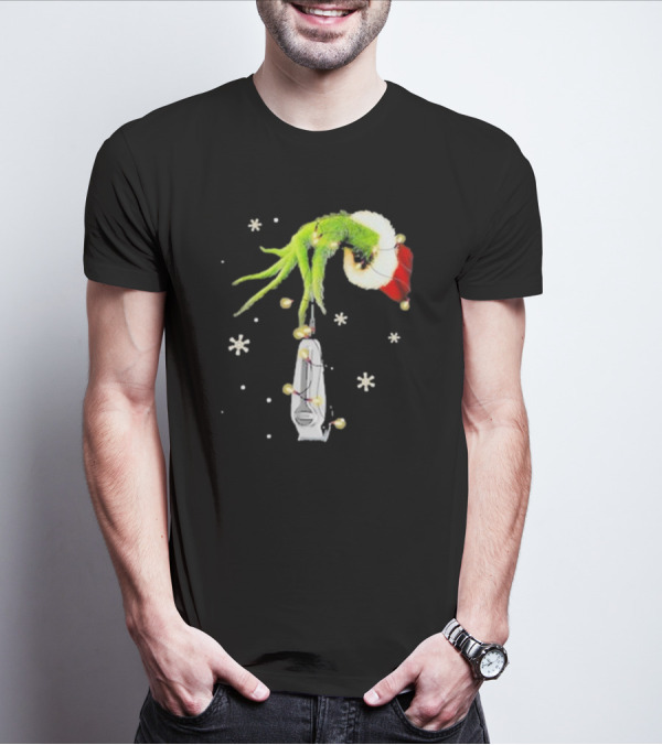 Grinch Christmas Hand Holding Clipper Snowflakes Santa Hat T-Shirt