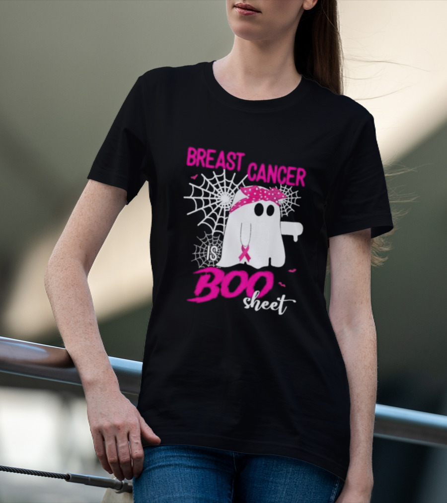 Breast Cancer Is Boo Sheet Halloween Ghost With Pink Ribbon And Spider Webs T-Shirt