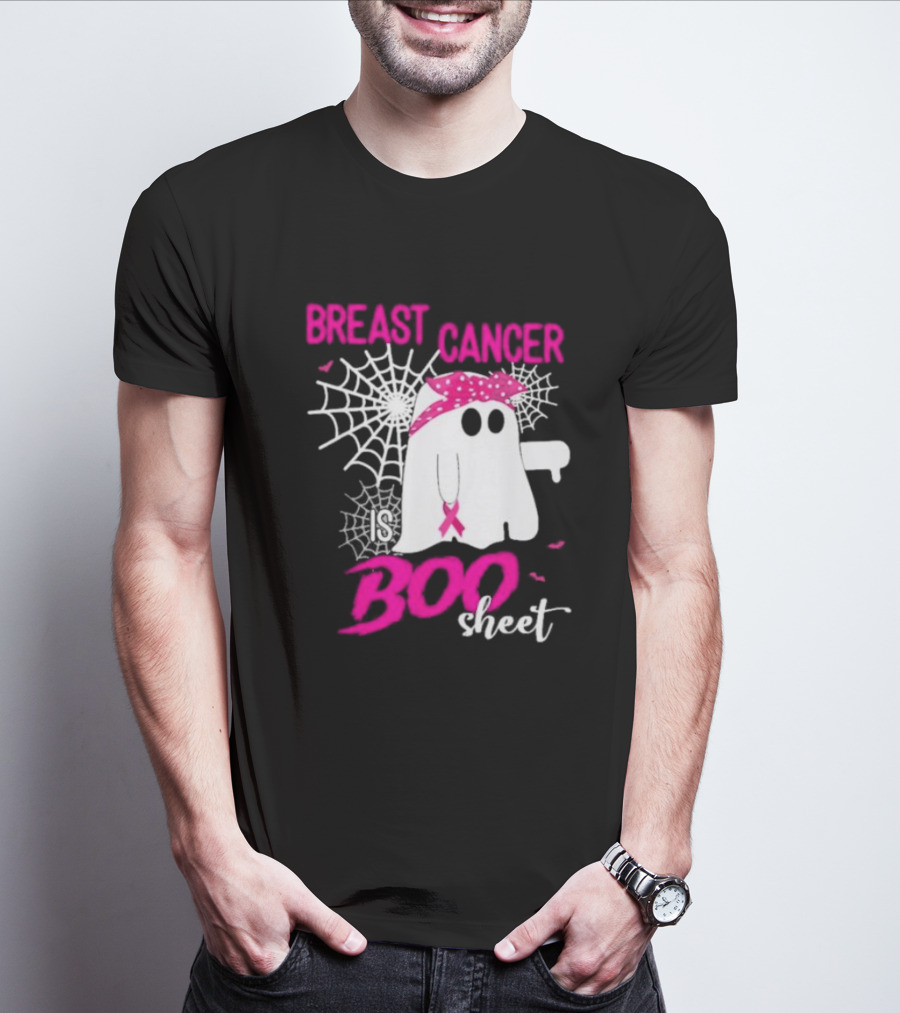 Breast Cancer Is Boo Sheet Halloween Ghost With Pink Ribbon And Spider Webs T-Shirt