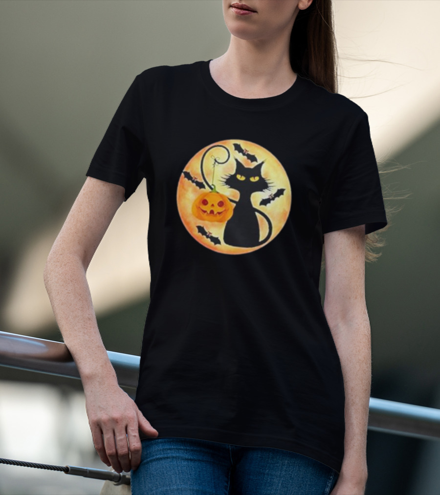 Funny Pumpkin Black Cat Halloween Witch Bat Moon T-Shirt
