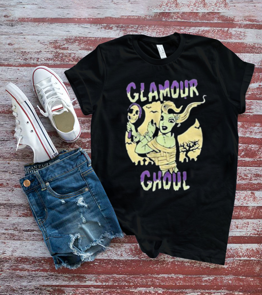 Glamour Ghoul Halloween Monster Retro Skeleton Mirror Bats Trees T-Shirt