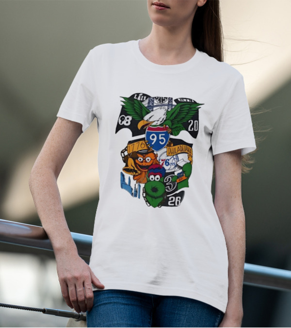 Philadelphia Icons 95 I-95 1776 Philadelphia 76ers Eagles Mascots 20 8 3 26 T-Shirt