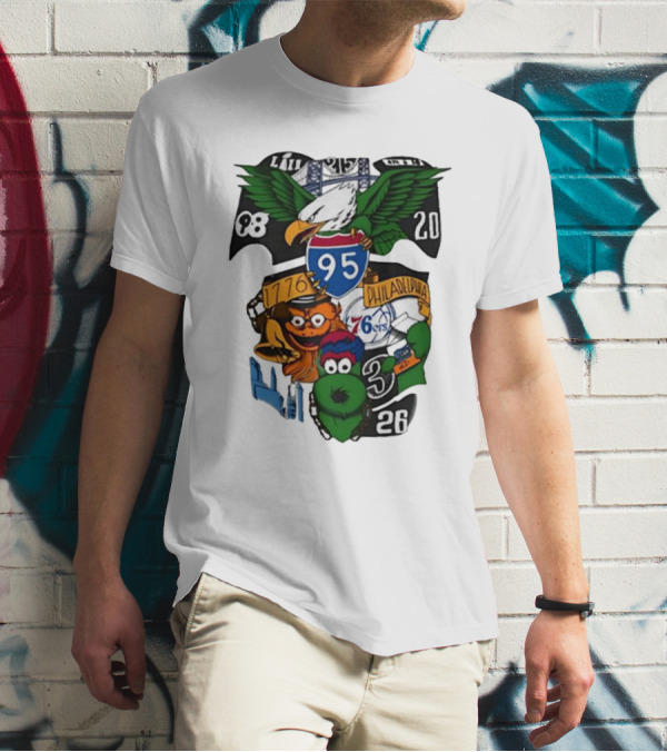 Philadelphia Icons 95 I-95 1776 Philadelphia 76ers Eagles Mascots 20 8 3 26 T-Shirt