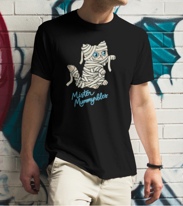 Lilbub Mister Mummyrbles Wrapped Cat With Blue Text T-Shirt