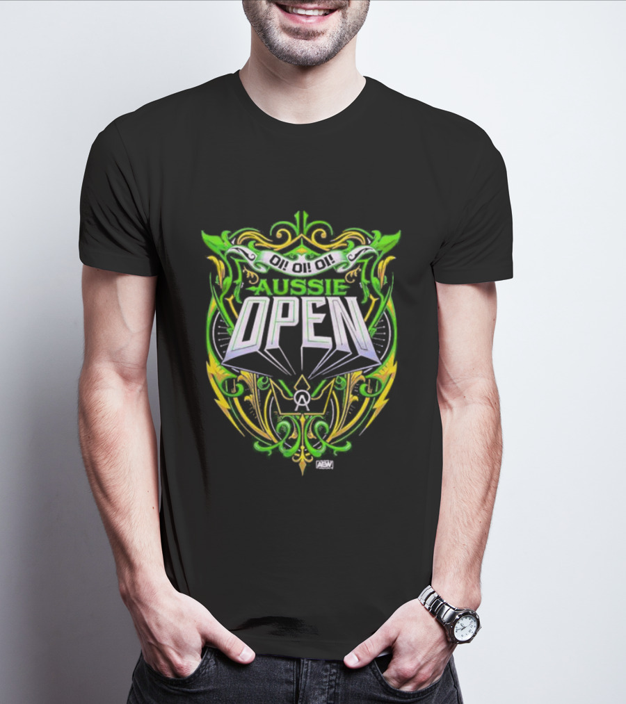 Aussie Open Oi Oi Oi AEW Wrestling Emblem Green And Gold T-Shirt