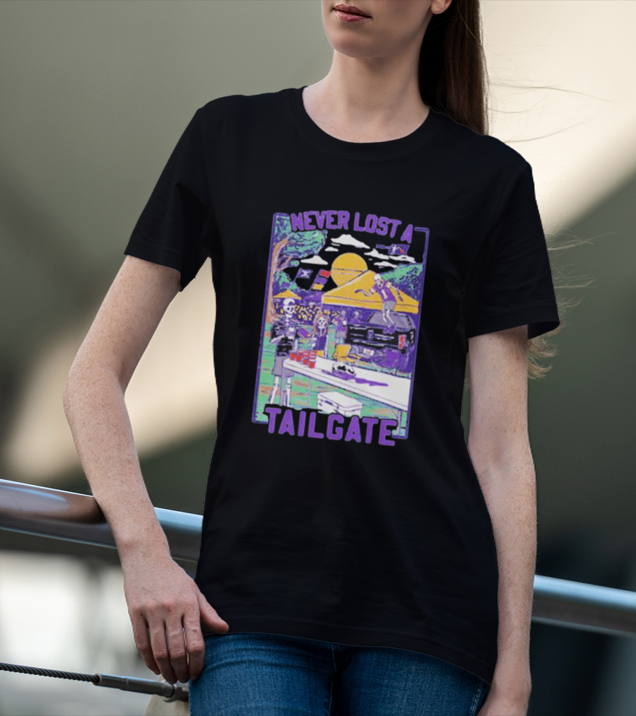Never Lost A Tailgate Vintage Skeletons Under Yellow Tent With Sunset And Flags T-Shirt