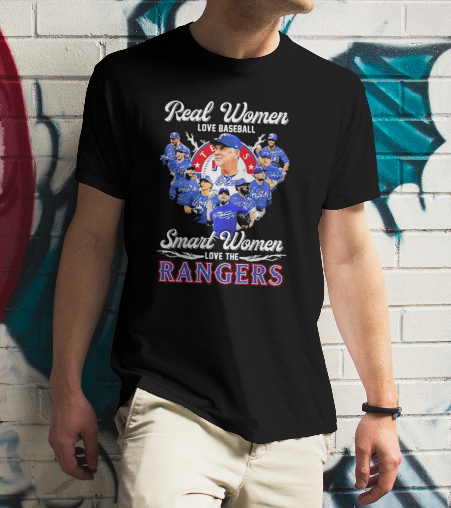 Real Women Love Baseball Smart Women Love The Texas Rangers Team Montage T-Shirt
